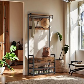 Movel entrada Hall com banco para sapatos e 10 ganchos 30 x 80,4 x 181,6 cm Castanho vintage-Preto