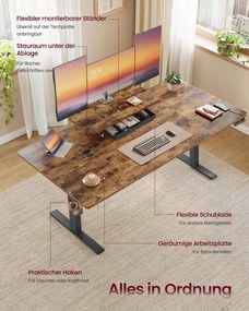 Secretária elétrica 140 x 70 x (72-120) cm com altura ajustável, suporte para monitor e USB castanho vintage