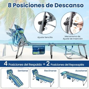 Espreguiçadeira dobrável para exterior, reclinável, com orifícios, apoio para o rosto, braços e encosto ajustável, bolsos, portátil, para praia e pisc