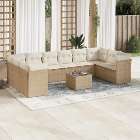 11 pcs conjunto sofás de jardim c/ almofadões vime PE bege
