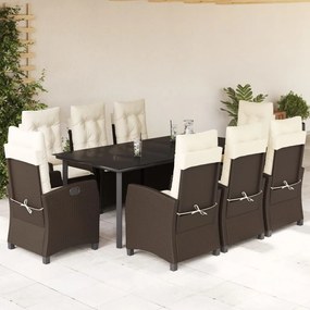 9 pcs conjunto jantar p/ jardim c/ almofadões vime PE castanho