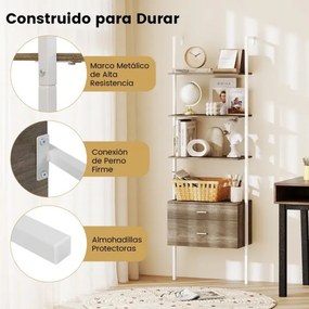 Estante de parede forma de escada com 2 gavetas com estrutura metálica Estante aberta de exposição 60 x 30 x 184 cm Branca