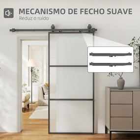 Porta de Correr de Vidro com Mecanismo de Fecho Suave para Casa de Banho Sala de Estar Cozinha 91,4x203,2 cm Preto