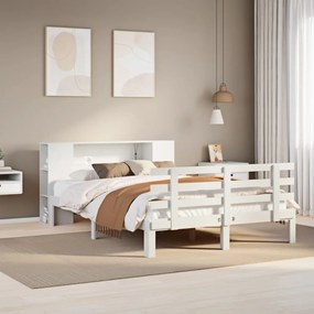 vidaXL Cama com estante sem colchão 150x200 cm pinho maciço branco