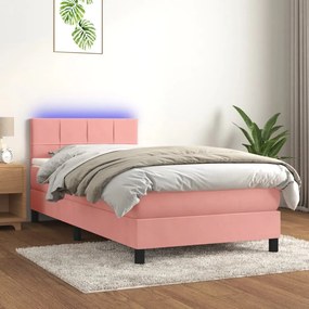 Cama box spring c/ colchão/LED 90x200 cm veludo rosa