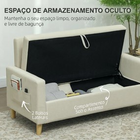 Sofá de 2 Lugares Estofado em Linho Sintético com Espaço de Armazenamento 2 Almofadas e Pés de Madeira 135x71x84 cm Bege