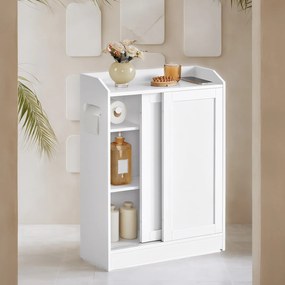 Armário de casa de banho estreito com portas de correr 20 x 60 x 80 cm, prateleiras ajustáveis e suporte para papel higiénico Branco