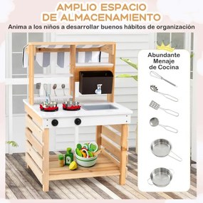 Cozinha para brincar de madeira 2 em 1 58 x 56 x 87 cm com tampa, pia removível, caixa de água e torneira, 6 acessórios de cozinha, natural e branco