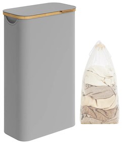Cesto de roupa suja SONGMICS com tampa, cesto de roupa fino, 65 L, compacto, forro de malha removível, tecido Oxford, alças de bambu, dobrável, 42 x 22,5 x 70,5 cm, cinza-pomba LCB506G01