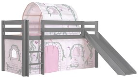 Conjunto Cama alta de Criança PINO 90 x 200 cm + estrado + escada + escorrega + tunel + cortina Passaros Cinzenta