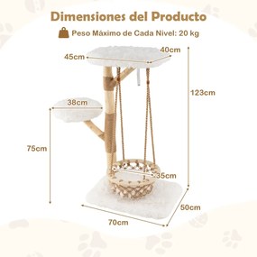 Arranhador para gatos 70 x 50 x 123 cm com rede suspensa, galhos de madeira, postes para arranhar em juta e 2 ganchos Natural + Branco