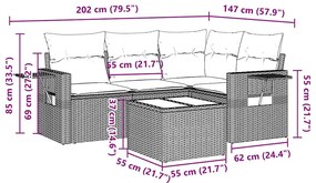 5 pcs conj. sofás jardim c/ almofadões vime PE cinzento-claro