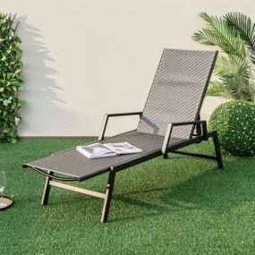 Espreguiçadeira jardim de rattan Cadeira reclinável em vime PE tecido com braços Encosto com 5 posições Estrutura metálica para pátio Castanho e Preto