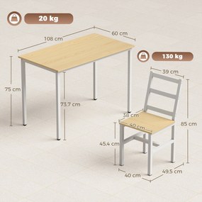 Conjunto de Mesa de Jantar e 4 Cadeiras, 108 x 60 x 75 cm, Encosto de Ripas, Cor Carvalho