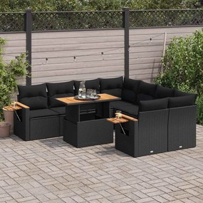 9 pcs conjunto sofás p/ jardim almofadões vime PE/acácia preto