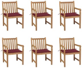 Cadeiras de jardim almofadões vermelho tinto 6 pcs teca maciça