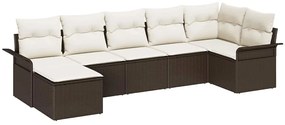 Conjunto de Sofá de Jardim de 7 Peças com Almofadas Castanho em Rattan