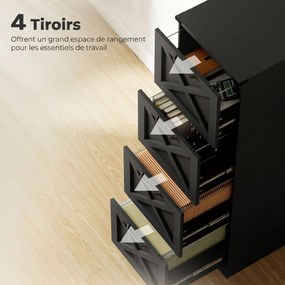 Bloco gavetas de Arquivo, 40 x 40 x 131 cm, 4 Gavetas para Dossiers Suspensos, Preto