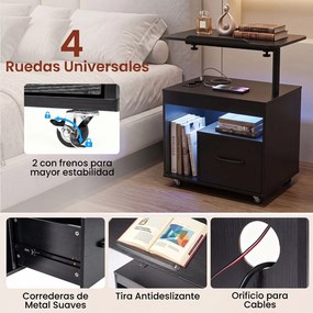 Mesa de Cabeceira com Rodas, 60 x 40 x 74 cm, Tampo Giratório e Rebatível, Preto