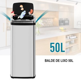 HOMCOM Balde de Lixo Inteligente de Aço Inoxidável 50L com Sensor Infravermelho de Abertura Automática para Cozinha Dormitório Casa de Banho 33x25x84 cm Prata e Preto