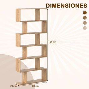 Estante de livros de 6 níveis em forma de S 80 x 23 x 191 cm para escritório ou sala de estar Natural