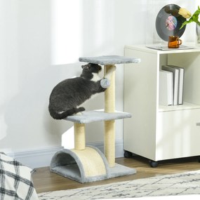Arranhador para Gatos Médio de 3 Níveis  com Postes de Sisal Placa para Arranhar e Bola Suspensa 40x35x72 cm Cinza