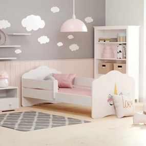 Cama infantil Wave unicórnio 160x80 com grade branca - colchão e estrado incluído