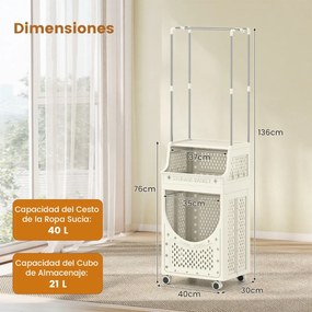 Carro para roupa suja 40 x 30 x 136 cm de 3 níveis com barra para pendurar dobrável com rodas bloqueáveis 8 ganchos para pendurar Bege