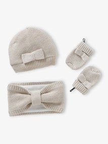 Agora -15%: Conjunto com laço: gorro + gola snood+ luvas, para bebé menina cru