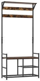 HOMCOM Móvel Cabide de Entrada com 3 Prateleiras 9 Ganchos Armário de Entrada com Cabides de Estilo Industrial 84x34,5x180cm Marrom