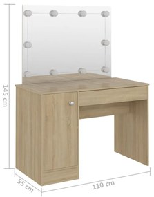 Mesa de maquilhagem c/ luzes LED 110x55x145 cm MDF cor carvalho