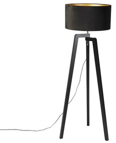 Candeeiro de pé tripé de madeira preta com sombra preta 50 cm - Puros Moderno