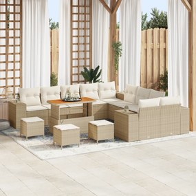 vidaXL Conjunto de Sofás de Jardim com Almofadas Bejas de Vime Sintético de Acácia