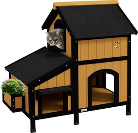 Casa para Gatos de Madeira com Suporte para Flores de 2 Níveis e Teto Asfáltico 96x65x85,5 cm Madeira e Preto