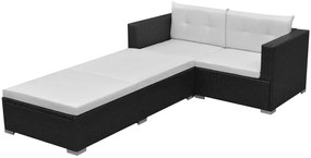 3 pcs conjunto lounge de jardim c/ almofadões vime PE preto