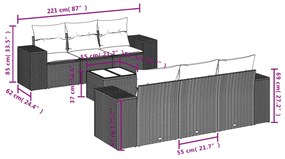 7 pcs conjunto de sofás jardim c/ almofadões vime PE castanho