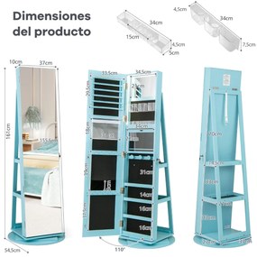Armário joias giratório com Espelho de corpo inteiro 360° com luzes LED Prateleiras de armazenamento 54,5 x 161 cm Azul