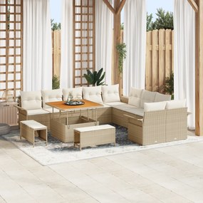 Conjunto de Sofá de Jardim de 13 Peças com Almofadas Bege Rattan Acácia