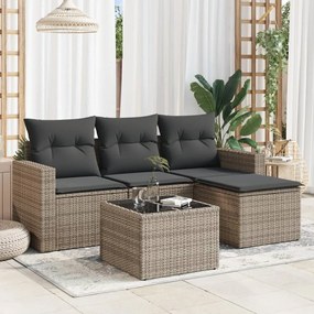 5 pcs conjunto sofás de jardim c/ almofadões vime PE cinzento