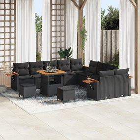 vidaXL Conjunto de Sofá de Jardim com 13 Peças e Almofadas Preto Rattan Poliéster