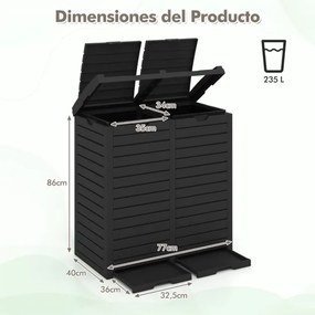 Caixote do lixo duplo de 235 L com bandeja para líquidos e tampas escalonadas para interiores e exteriores 77 x 40 x 86 cm Preto