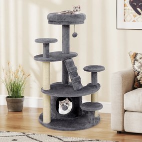Arranhador para gatos com caverna, bola e escada, cinzento