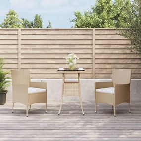 vidaXL 3 pcs conjunto de bistrô para jardim c/ almofadões vime PE bege