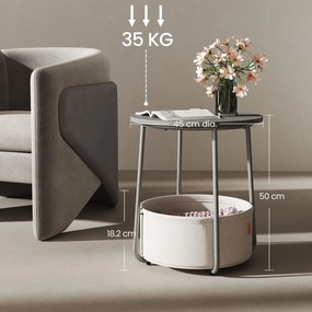 Mesa auxiliar redonda com cesto em tecido 45 x 50 cm cinza cimento + branco creme