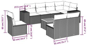 9 pcs conjunto de sofás p/ jardim com almofadões vime PE bege