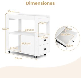 Mesa Lateral para Sofá ou Mesa de Cabeceira 65 x 30 x 62 cm com 2 Gavetas e Prateleiras Abertas com Rodas para Sala Branco