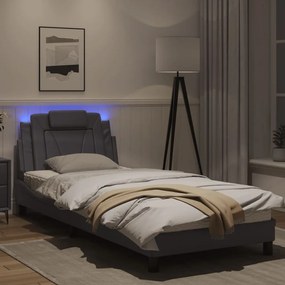 Estrutura cama c/ luzes LED 90x190 cm couro artificial cinzento