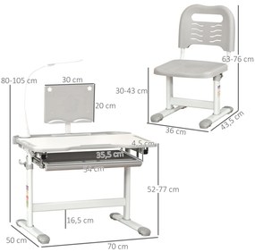 Conjunto de Secretária e Mesa para Crianças acima de 6 Anos com Altura Ajustável Mesa Inclinável e Lâmpada Cinza