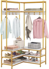 Guarda roupa aberto, móvel entrada de canto com prateleiras abertas e ganchos Banco para sapatos Estrutura metálica sólida 90 x 90 x 178 cm Branco