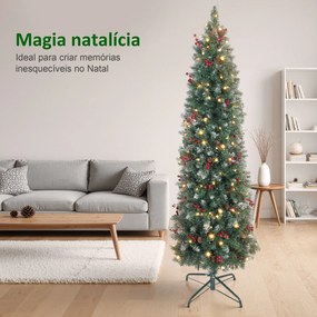 Árvore de Natal Slim 180 cm com Luzes LED 8 Modos de Iluminação 461 Ramos com Purpurina Prateada Pinhas e Bagas Verde